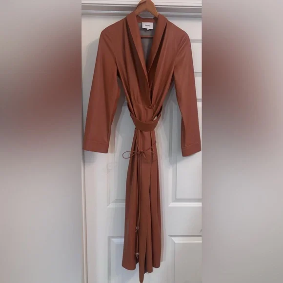 chinese dress ladies Faux Leather Trim Dress Polka Dot Wrap Dress Brown / Medium